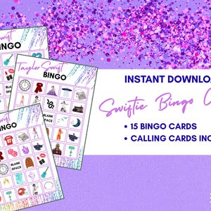 May include: Three bingo cards with the text "Taylor Swift BINGO" and various images. The background is a purple glitter effect. The text "Instant Download Swiftie Bingo Cards" is also visible, along with the number of cards and calling cards.