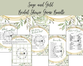Printable Bridal Shower Games 5 Bundle Sage and Gold Instant Download