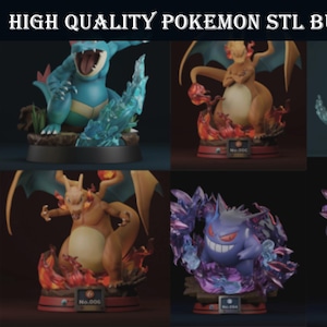 Puede incluir: Una colección de cinco modelos detallados de personajes Pokémon. Los modelos incluyen una criatura azul y verde con forma de caimán, un Charizard, un dragón azul y blanco y dos figuras de Gengar. El texto "HIGH QUALITY POKEMON STL BUNDLE" y "5 MODELS" son visibles.
