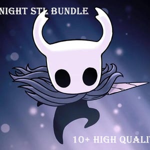 May include: An illustration of a character from the game Hollow Knight, featuring a white head with horns, large black eyes, and a cape. The character is holding a sword. Text at the top reads "HOLLOW KNIGHT STL BUNDLE" and at the bottom "10+ HIGH QUALITY MODLES".