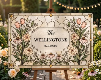 Last Name Wedding Welcome Sign, Faux Stained Glass Canva Template, Personalized Floral Printable Decor