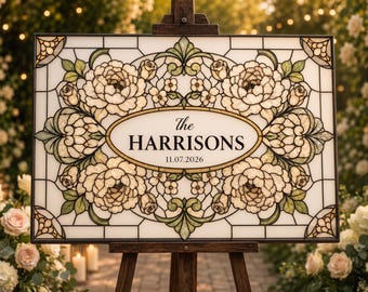 Letrero de boda con apellido, plantilla floral personalizada en Canva, letrero de bienvenida para bodas con efecto vidriera.