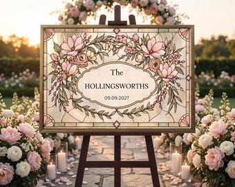 Editable Wedding Welcome Sign, Faux Stained Glass Canva Template, Custom Last Name Floral Printable
