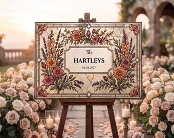 Last Name Wedding Sign Canva Template, Faux Stained Glass Wedding Welcome Sign, Custom Floral Printable Download