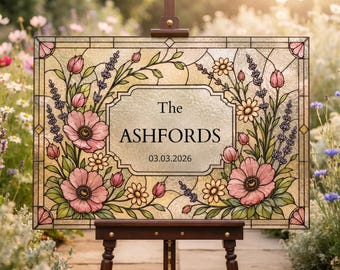 Wedding Stained Glass Welcome Sign, Personalized Last Name Canva Template, Floral Wedding Entrance Printable