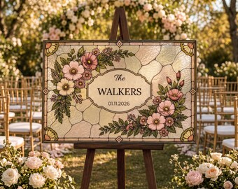 Letrero de boda con apellido, plantilla floral de imitación vidriera para Canva, letrero de bienvenida de boda editable