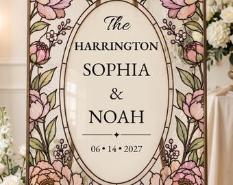 Floral Wedding Welcome Sign Canva Template, Faux Stained Glass Design, Editable Last Name, Printable Digital Download