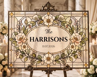 Last Name Wedding Sign, Faux Stained Glass Canva Template, Personalized Floral Wedding Welcome Sign, Printable Download
