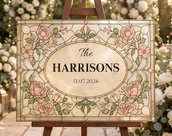 Wedding Welcome Sign Canva Template, Faux Stained Glass, Personalized Last Name, Printable Wedding Entrance Sign