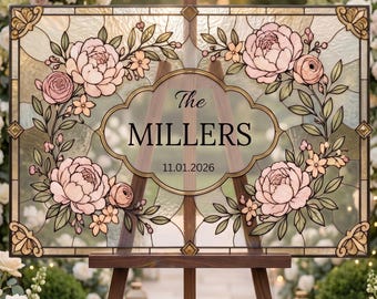 Last Name Wedding Entrance Sign, Faux Stained Glass Canva Template, Personalized Floral Wedding Sign