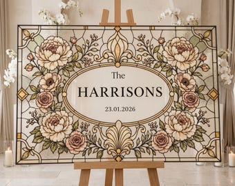 Letrero de bienvenida para bodas con apellido, plantilla de lienzo con efecto de vidriera, decoración personalizada para la entrada de la boda.