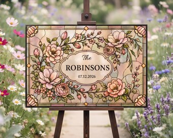 Last Name Wedding Sign Canva Template, Faux Stained Glass Floral Design, Editable Wedding Welcome Sign