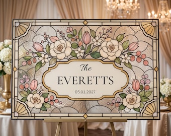 Letrero de boda con apellido, plantilla de lienzo con efecto vidriera, letrero de bienvenida floral personalizado para bodas.