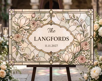 Last Name Wedding Sign Canva Template, Faux Stained Glass Floral Wedding Welcome Sign, Printable Download