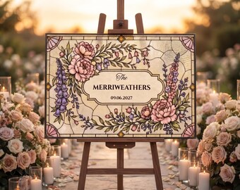 Wedding Welcome Sign Canva Template, Faux Stained Glass Floral Design, Custom Last Name Printable Sign