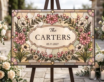 Wedding Stained Glass Welcome Sign, Personalized Last Name Canva Template, Floral Entrance Printable