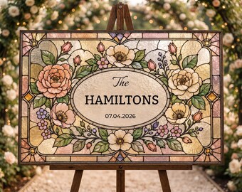Personalized Last Name Wedding Sign, Faux Stained Glass Canva Template, Editable Floral Welcome Sign