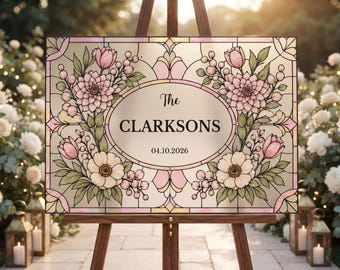 Wedding Welcome Sign Canva Template, Faux Stained Glass Floral Design, Custom Last Name Printable Sign