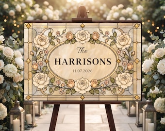Last Name Wedding Sign Canva Template, Faux Stained Glass Floral Welcome Sign, Printable Download