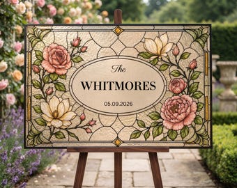 Last Name Wedding Welcome Sign, Faux Stained Glass Canva Template, Personalized Floral Printable Decor