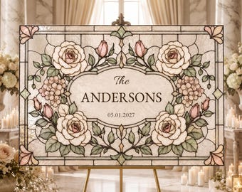 Stained Glass Wedding Sign Canva Template, Personalized Last Name, Floral Wedding Welcome Printable