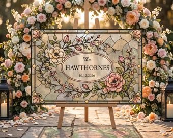 Faux Stained Glass Wedding Welcome Sign, Custom Last Name Canva Template, Floral Printable Wedding Decor