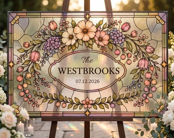 Wedding Welcome Sign Canva Template, Faux Stained Glass Floral Design, Custom Last Name Printable Sign