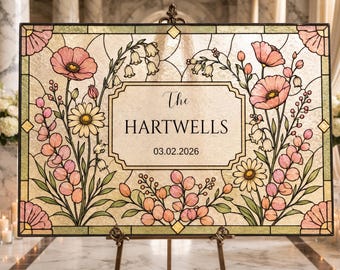 Last Name Wedding Welcome Sign, Faux Stained Glass Canva Template, Personalized Wedding Entrance Sign
