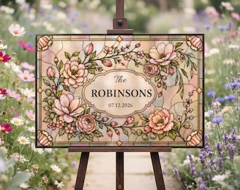 Personalized Last Name Wedding Sign, Faux Stained Glass Floral Canva Template, Wedding Welcome Printable