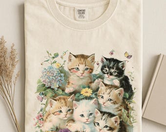 Cute Kitten Shirt, Floral Cat T-Shirt, Pastel Kitten Graphic Tee, Soft Vintage Style Cat Shirt