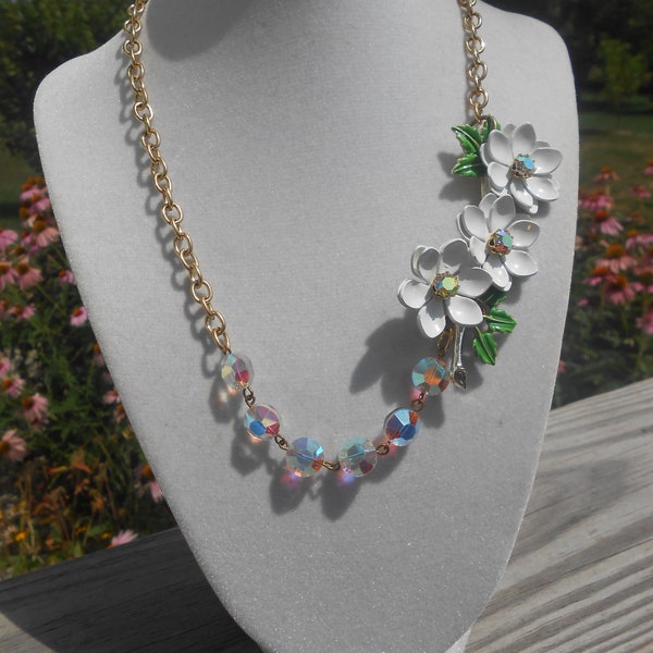 White Flower Brooch Necklace Summer Vintage Repurposed Asymmetrical Enamel Rhinestone Crystals