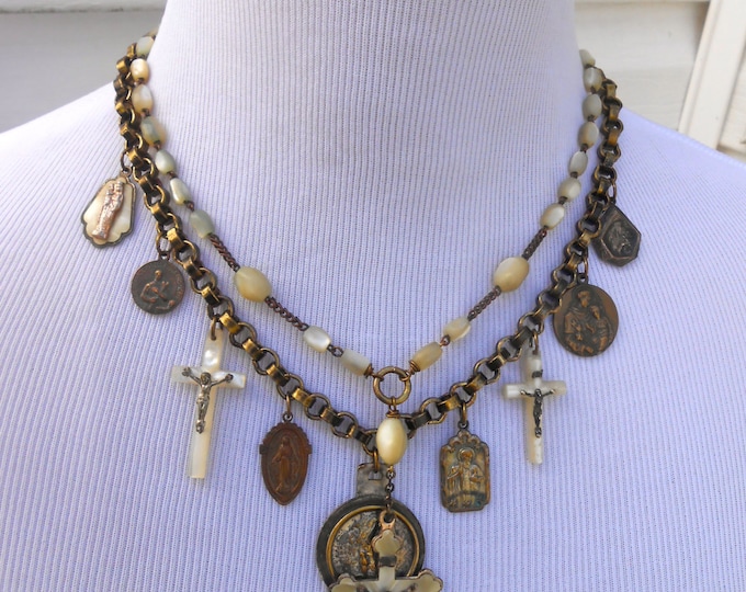 Antique Religious Medal Necklace Mother of Pearl Rosary Etsy