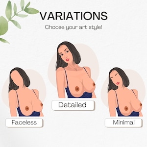 May include: An illustration showcasing three art style variations. The image features a woman in a blue top, with the styles labeled "Faceless", "Detailed", and "Minimal". The text "VARIATIONS" and "Choose your art style!" are also present.