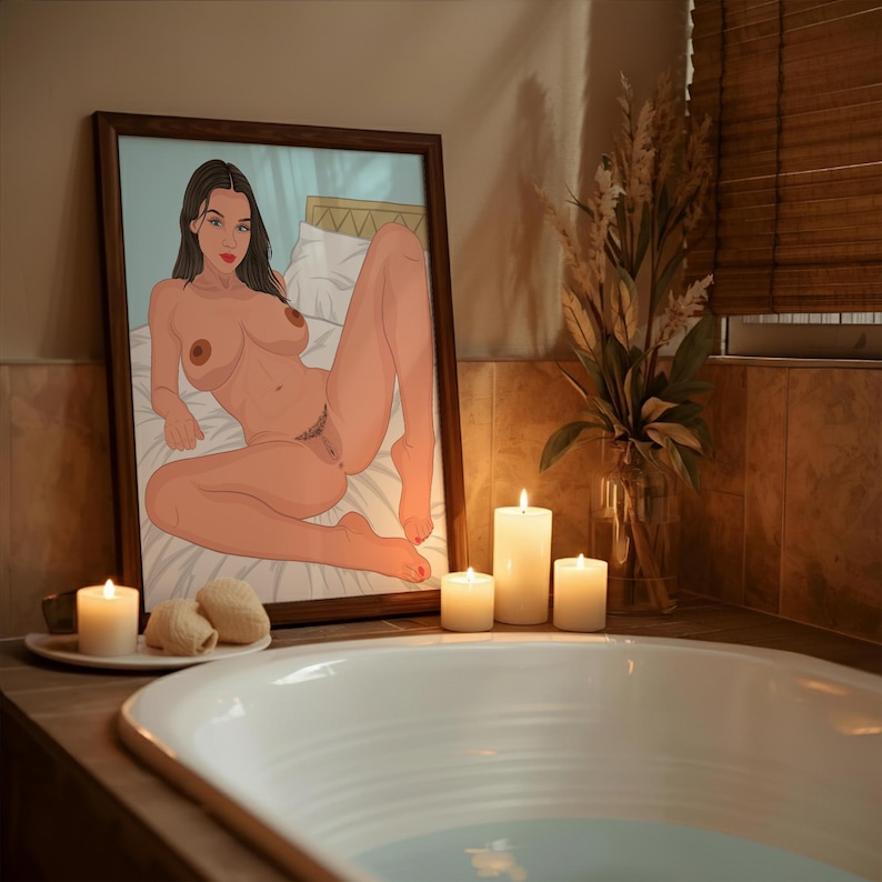 May include: A framed artwork depicting a nude figure reclining on a bed, with a wooden frame. The artwork is displayed near lit candles, a bathtub, and decorative plants, creating a relaxing ambiance.