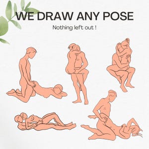 May include: Illustration featuring various poses of couples, rendered in a minimalist style with a peach color palette. The text "WE DRAW ANY POSE" and "Nothing left out!" is displayed at the top of the image.