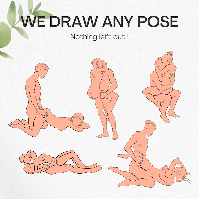 May include: Illustration featuring various poses of couples, rendered in a minimalist style with a peach color palette. The text "WE DRAW ANY POSE" and "Nothing left out!" is displayed at the top of the image.