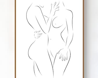 Female Couple Line Drawing, Lesbian Line Art Print, Queer Couple Illustration