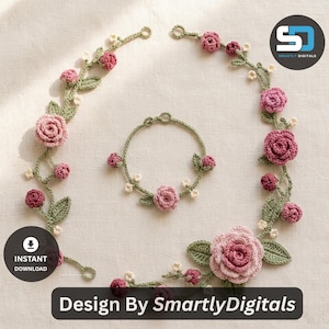 May include: A crochet necklace and bracelet set featuring pink and dark rose-coloured flowers with green leaves and small white blossoms. The set includes a circular bracelet and a curved necklace, both crafted with intricate yarn details.