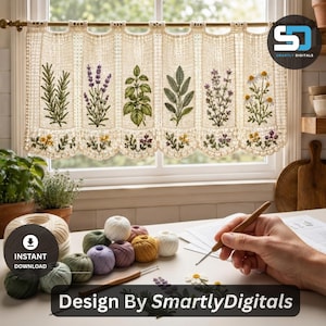May include: A cream-colored crochet valance curtain featuring embroidered botanical illustrations of herbs and flowers including rosemary, lavender, basil, sage, thyme, and chamomile, hanging on a rod with a scalloped bottom edge.