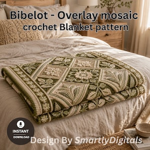 May include: A folded crochet blanket with a mosaic pattern in shades of green and cream. The blanket features floral and geometric designs. The text "Bibelot - Overlay mosaic crochet Blanket pattern" is visible. The blanket is on a bed with a pillow.
