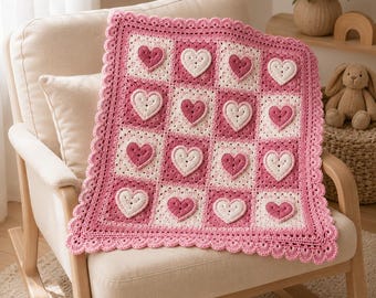 Crochet Heart Baby Blanket Pattern PDF, Raised Heart Granny Square Blanket, Pink Nursery Afghan