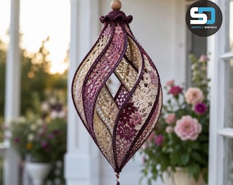Plum Rose Lantern Crochet Pattern PDF, Helix Wind Spinner, Floral Lace Hanging Decor, Intermediate Crochet Home Ornament