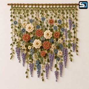 Op de afbeelding: Een macramé wandkleed met een houten roede aan de bovenzijde, voorzien van neerhangende groene ranken en gehaakte bloemen in tinten wit, oudroze, blauw en lavendel. Dit textielkunstwerk toont een dichte compositie van bloemmotieven.