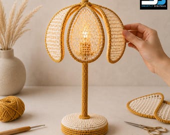 Crochet Flower Lamp Pattern PDF, 6-Petal Table Lampshade, Wire-Supported Home Decor Tutorial