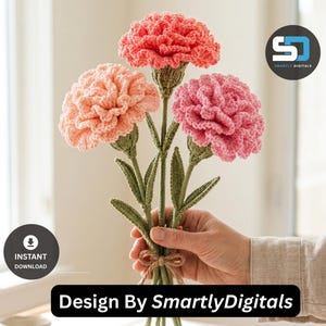 Wzór na szydełkowy bukiet goździków w formacie PDF, realistyczne kwiaty szydełkowe, dekoracje kwiatowe z drucianych łodyg, samouczek Blush Garden do pobrania natychmiast