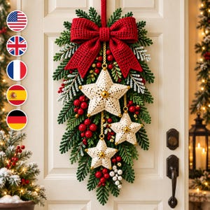 Crochet Christmas Door Swag Pattern PDF, Evergreen Red Bow, Hanging Stars, Intermediate Holiday Wall Decoration Tutorial