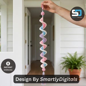 Virkad vindspinnare mönster PDF, pastellfärgad spiral trädgårdsdekor med pärlor och tofs, hängande trädgårdsdekor mönster, spiralvirkning pdf