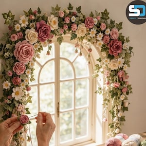 Könnte beinhalten: Ein dekorativer Bogen aus gehäkelten Blumen und grünen Blättern, der ein Bogenfenster einrahmt. Das Arrangement besteht aus verschiedenen Rosa- und Cremetönen von Rosen, gemischt mit weißen Gänseblümchen und grünem Blattwerk.