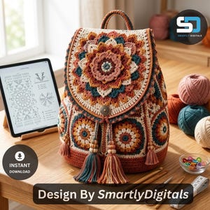 May include: A crochet backpack featuring a large circular mandala motif on the flap and smaller circular motifs on the body. The design uses a palette of cream, rust, teal, and brown yarn. It includes two large tassels with wooden beads.