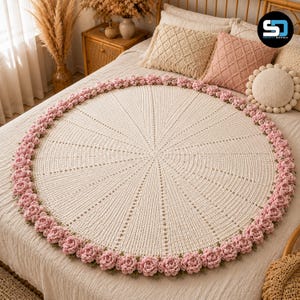 May include: A large, circular, off-white crochet blanket featuring a central radial pattern and a decorative border composed of numerous small, three-dimensional pink crocheted roses arranged in a continuous ring around the entire outer edge.